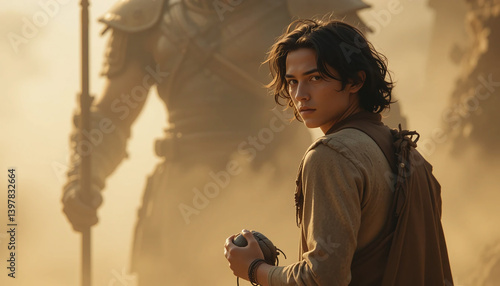 Young David, clutching a stone, glances back at the looming, armored silhouette of Goliath, setting the stage for their legendary confrontation in a dusty, sunlit landscape.
