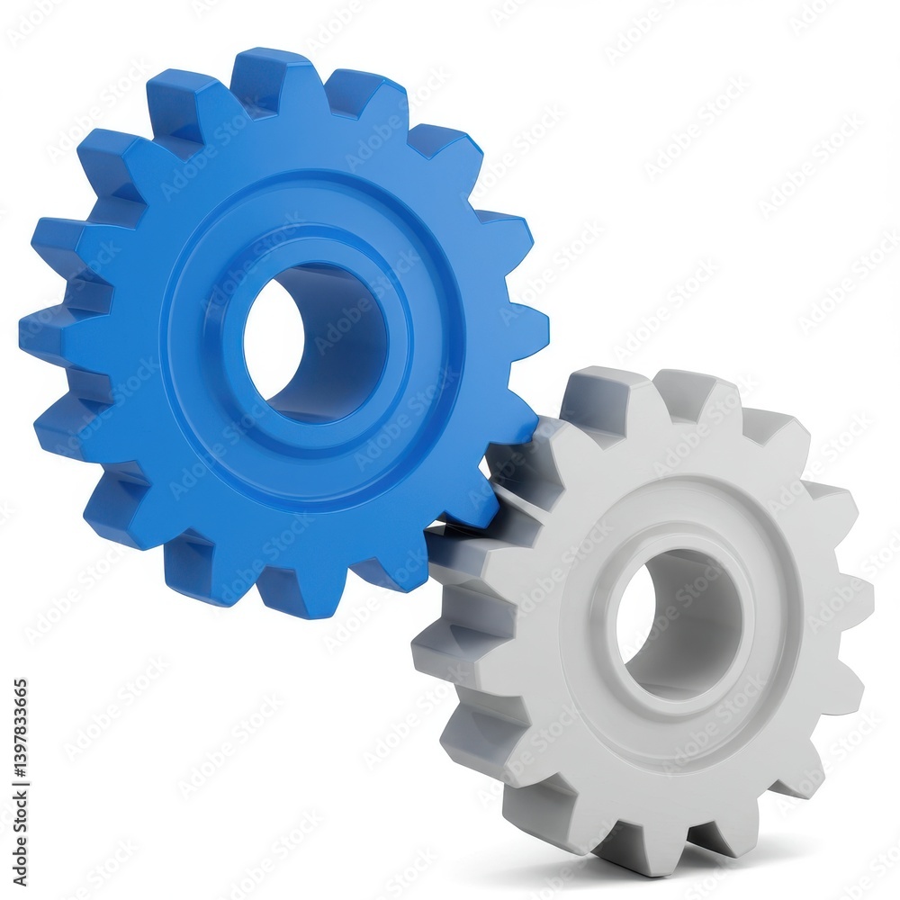 Blue and white gears meshing together on a plain surface in a close up studio shot view image Blue and white gears meshing together on a plain surface in a close up studio shot view image