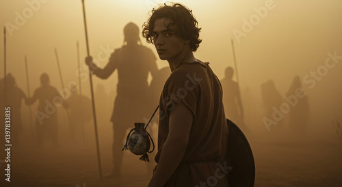 A young shepherd, representing David, stands ready with his sling, overshadowed by the looming silhouette of a warrior, symbolizing the impending confrontation with Goliath in a warm, ancient light.