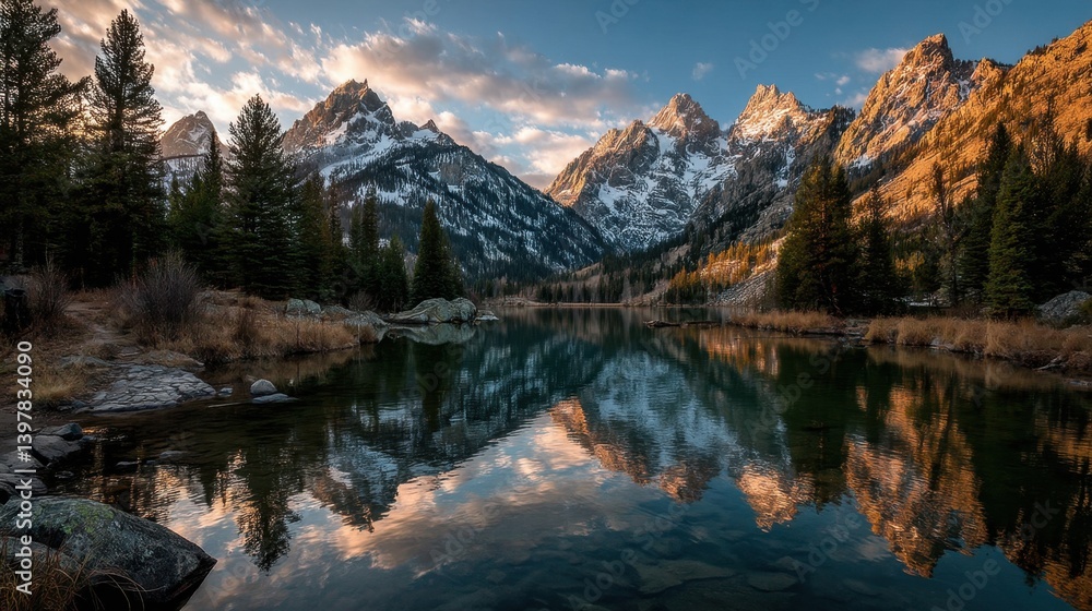 Obraz premium Alpine Majesty: Golden Hour Reflection