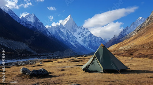 A tent pitched in a stunning alpine landscape with mountain peaks in the background