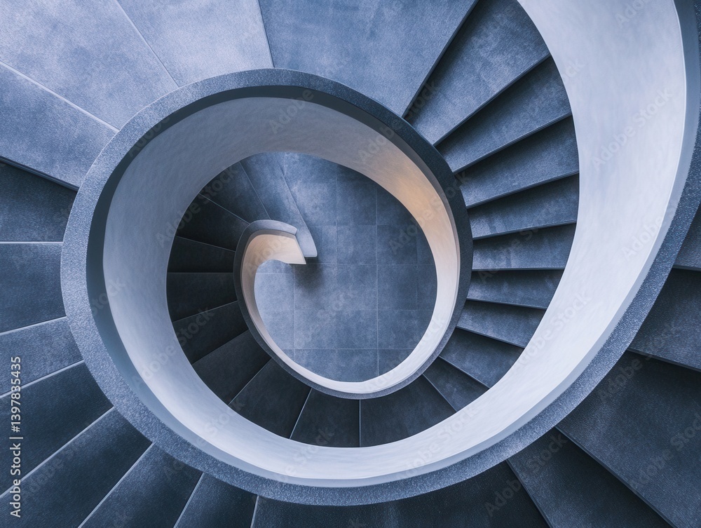 Fototapeta premium Spiral staircase viewed from above with symmetrical composition and ambient interior lighting
