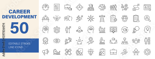 Career Development icon set. Containing skills, practice, training, networking, knowledge, branding, goal, setting, progress, business people and more. Editable line icons. Vector illustration.