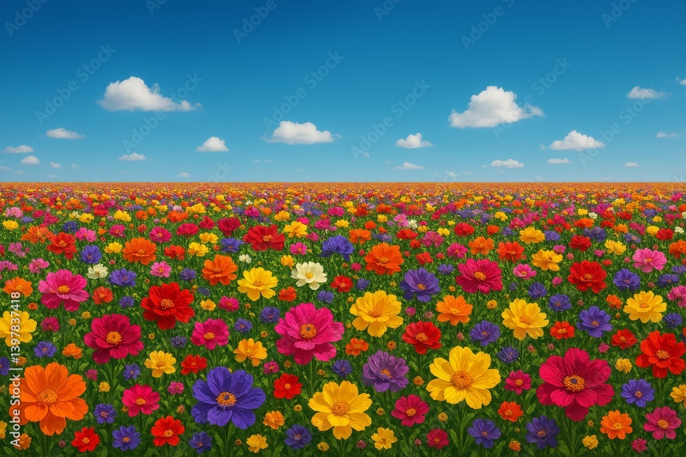 Fototapeta premium Colorful Flower Field Stretches Under a Bright Blue Sky With Fluffy White Clouds
