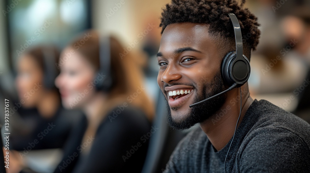 Friendly man with headset working in office. Colleagues blurry in background Friendly man with headset working in office. Colleagues blurry in background