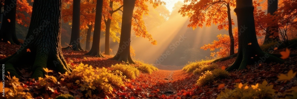 Expansive autumn woodland bathed in warm, golden light; rich colors dominate , leaves, birch Expansive autumn woodland bathed in warm, golden light; rich colors dominate , leaves, birch