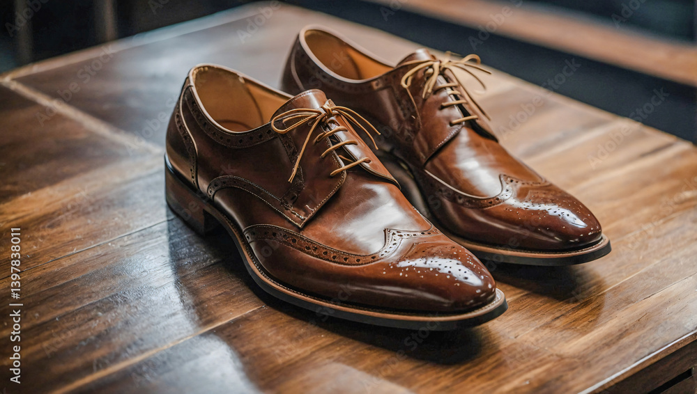 Elegant brown dress shoes polished to perfection, capturing formal elegance. Elegant brown dress shoes polished to perfection, capturing formal elegance.