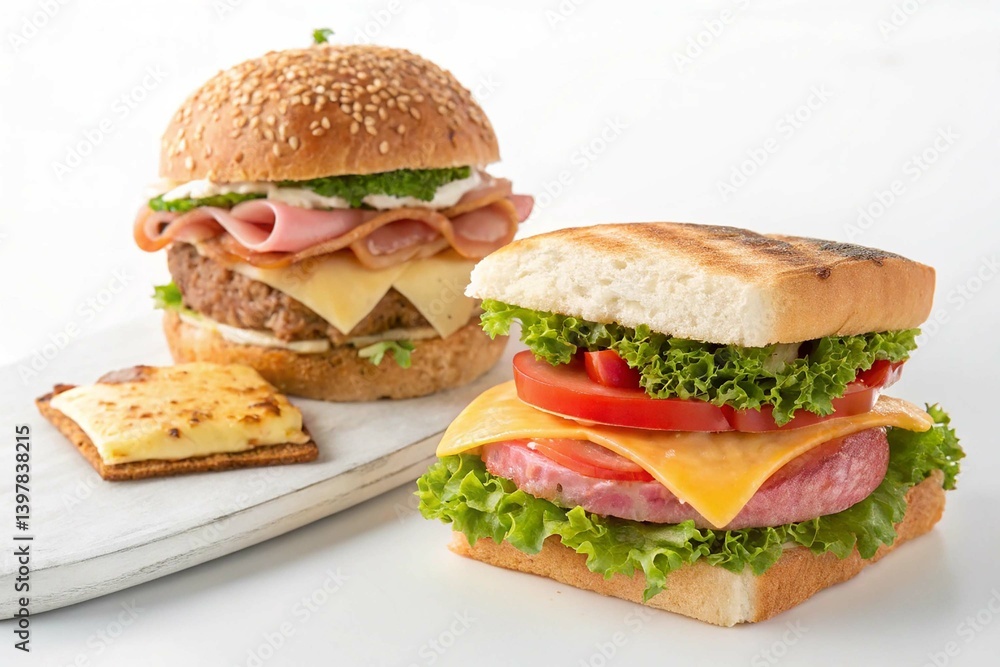 Sandwich with cheese and ham on white backgrounds Homemade burger Sandwich with cheese and ham on white backgrounds Homemade burger