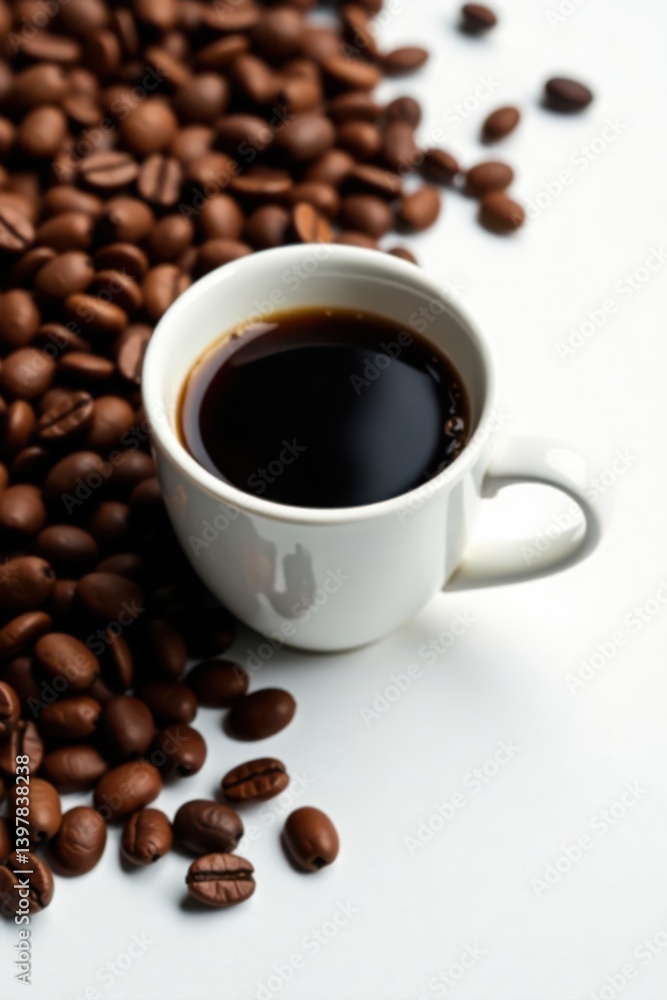 Obraz premium Fragrant coffee, white cup, roasted beans scattered, brew, cozy