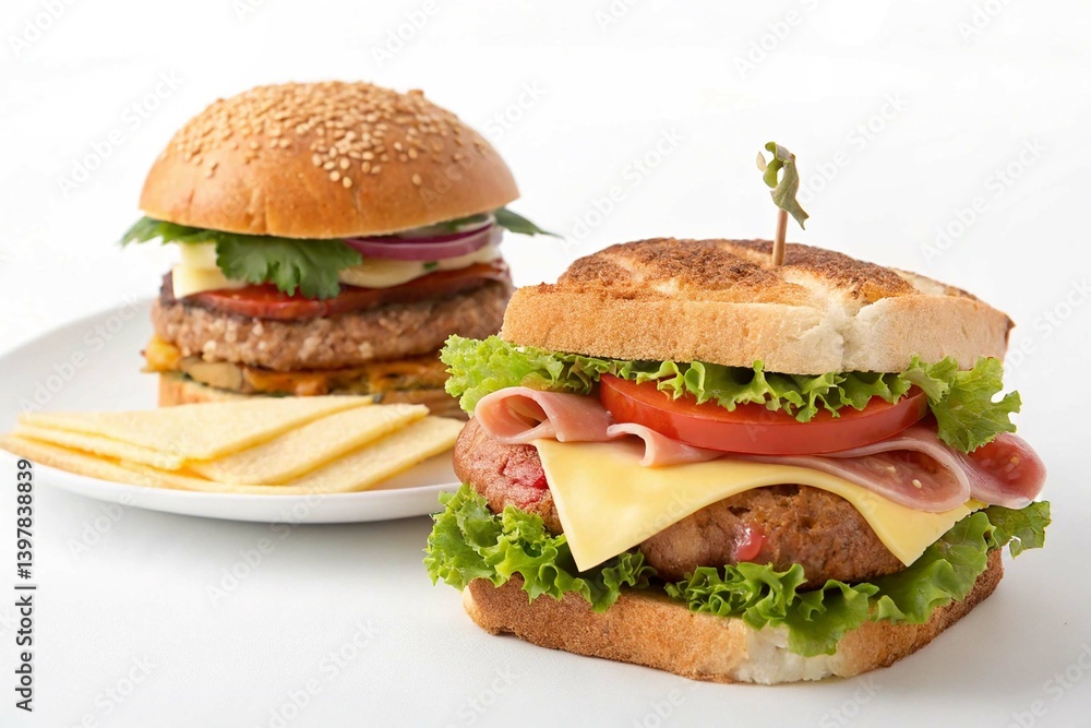 Sandwich with cheese and ham on white backgrounds Homemade burger Sandwich with cheese and ham on white backgrounds Homemade burger