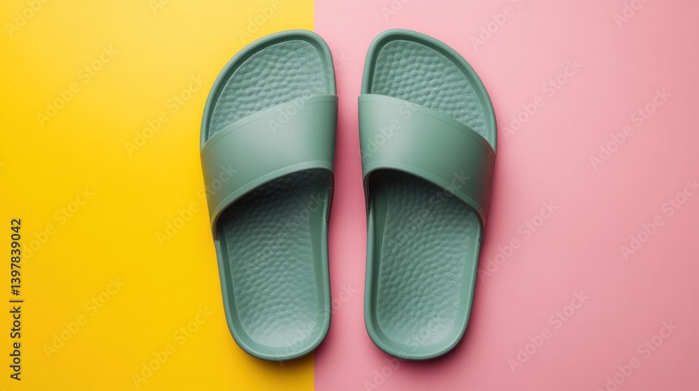 Fototapeta premium Two green slides resting against a vibrant yellow and pink backdrop