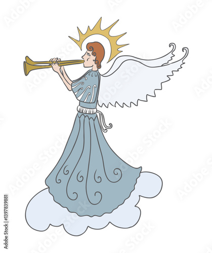 Angel on clouds playing trumpet, side view, outline vector illustration isolated on white