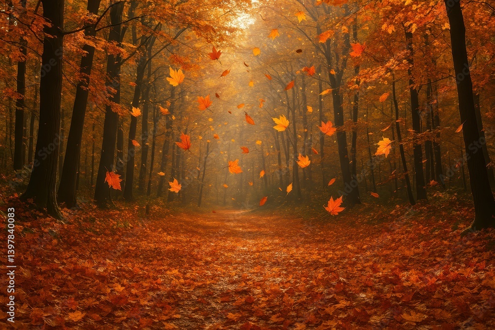 Fototapeta premium Serene Autumn Forest with Falling Leaves and Warm Golden Light