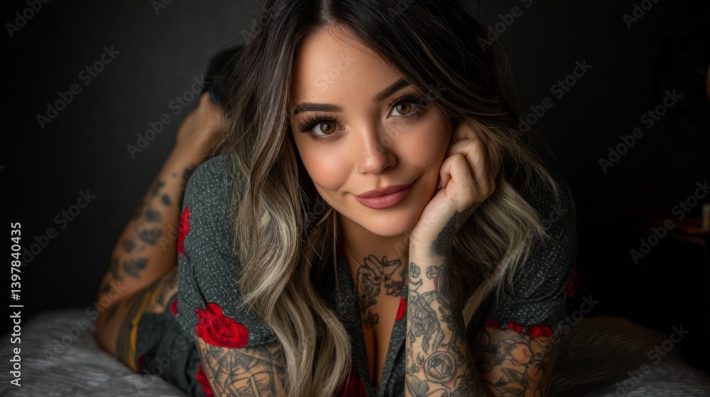 Beautiful woman with tattoos posing on a bed, smiling at the camera Beautiful woman with tattoos posing on a bed, smiling at the camera