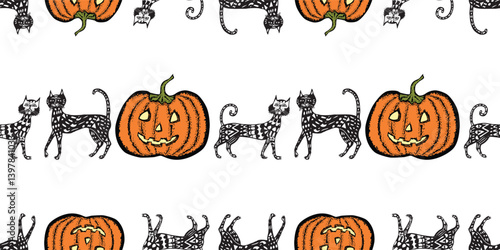 Seamless pattern of drawn decorative halloween pumpkins and cats, vector background, paper, wallpaper, fabric