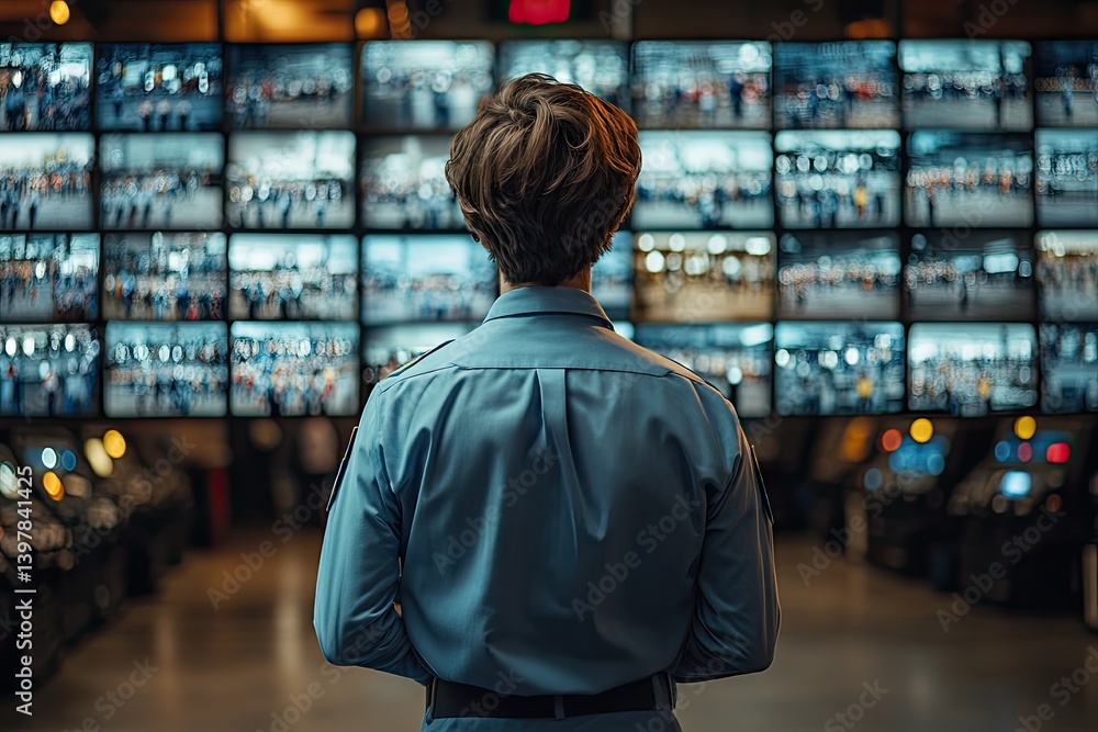 Back view of a security person watching many monitors showing scenes of crowded urban environments Back view of a security person watching many monitors showing scenes of crowded urban environments