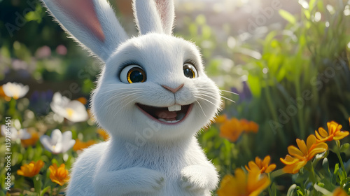 Adorable white bunny smiling with bright eyes, perfect for an Easter theme
