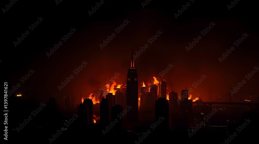 Obraz premium City Skyline Ablaze Dramatic Nightscape Urban Landscape with Glowing Orange Flames
