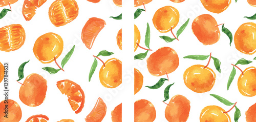 Seamless patterns of watercolor drawings ripe orange mandarins with green leaves, half, slices, vector background, paper, fabric, wallpaper