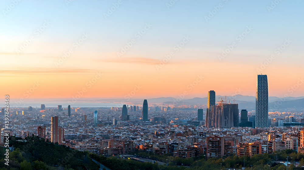 Fototapeta premium Barcelona Cityscape Panorama At Sunrise