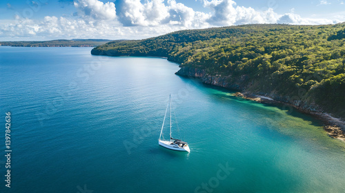 Aerial view of a sailboat floating on calm ocean waters near a scenic natural reserve