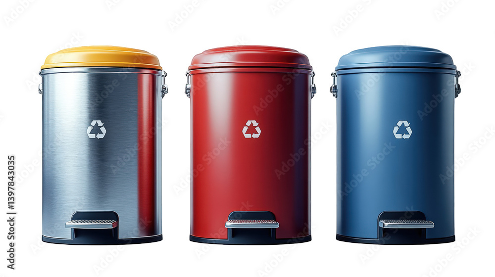 Three modern recycling bins in vibrant colors placed against a neutral backdrop, promoting eco-friendliness Three modern recycling bins in vibrant colors placed against a neutral backdrop, promoting eco-friendliness