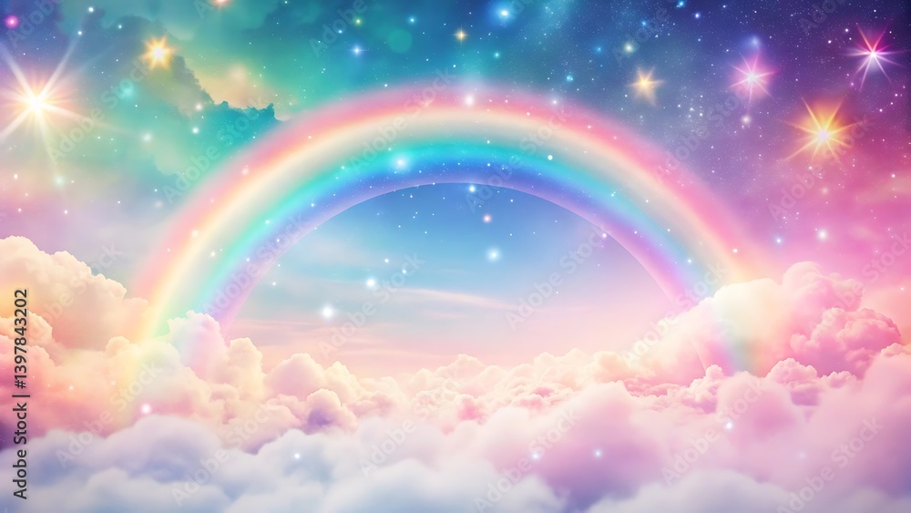 A vibrant rainbow arches over fluffy clouds under a starry sky with pastel colors shining A vibrant rainbow arches over fluffy clouds under a starry sky with pastel colors shining