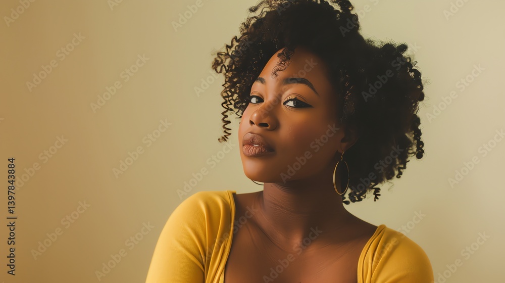 Thoughtful young woman with curly hair wearing a yellow shirt looking away.