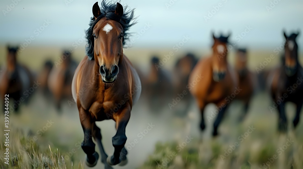 Majestic brown horse galloping with herd across dusty field, leading pack of wild horses in dramatic motion capture, mane flowing in wind, powerful movement.