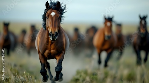 Obraz na płótnie Majestic brown horse galloping with herd across dusty field, leading pack of wild horses in dramatic motion capture, mane flowing in wind, powerful movement. w salonie