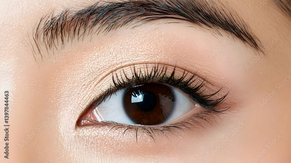 Close Up Of Light Beige Glitter Eyeshadow On Asian Woman's Eye