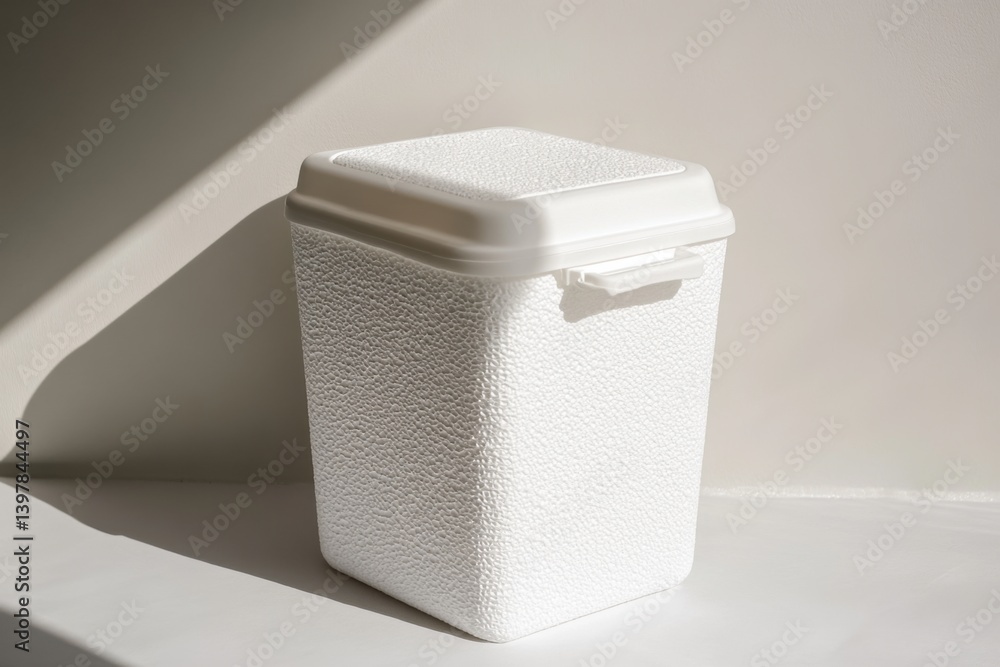 Styrofoam cooler with lid and bright light with copy space on side