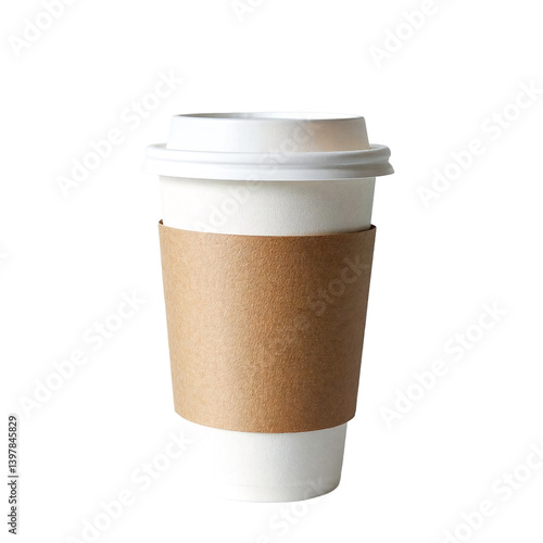 a white disposable coffee cup with a brown cardboard sleeve stacked on top of another identical cup against a plain white background.