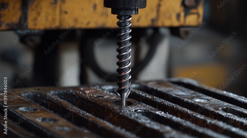 Machine drilling into cylindrical steel rod with metal curls and sharp textures Machine drilling into cylindrical steel rod with metal curls and sharp textures