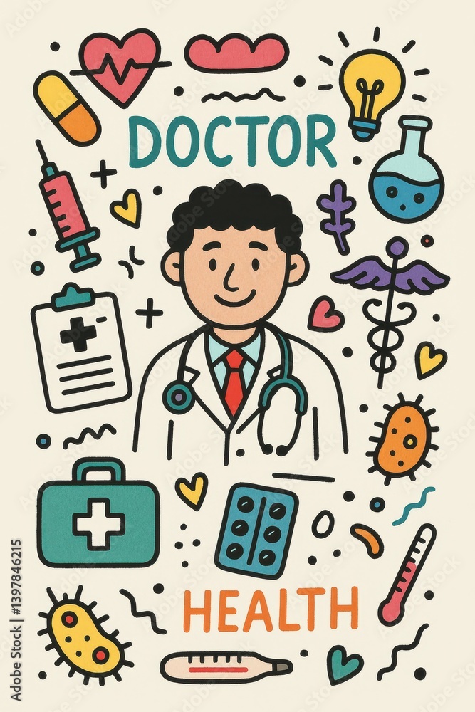 Fun Doodle of Doctor with Health Symbols and Colorful Elements Fun Doodle of Doctor with Health Symbols and Colorful Elements