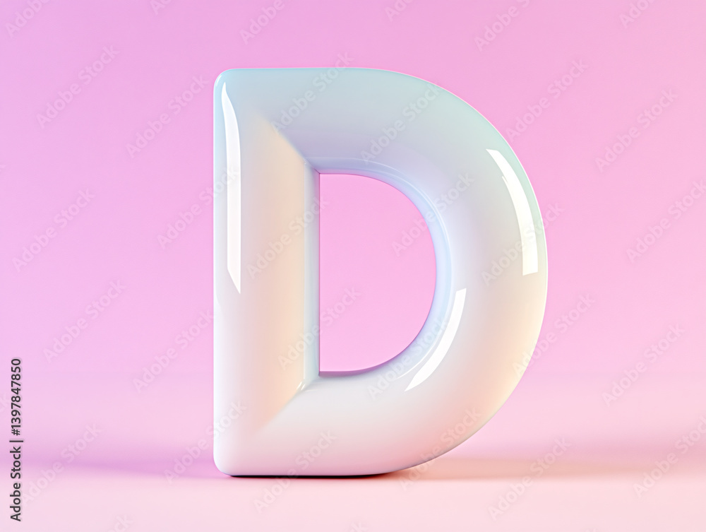 The image shows a large, glossy letter The image shows a large, glossy letter