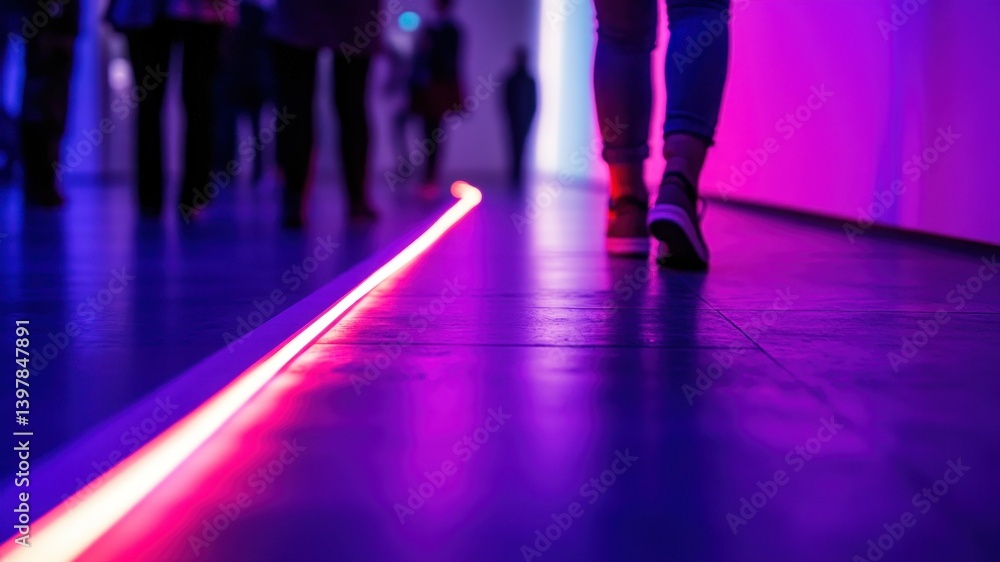 Fototapeta premium Abstract photo of people walking in a hallway with neon lights and vivid colors
