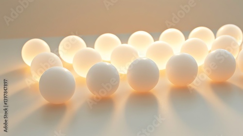 3D rendering of a group of glowing white spheres on a reflective surface.