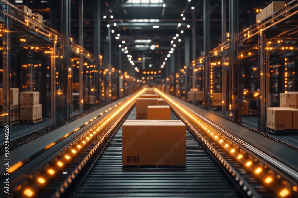 Futuristic high tech logistics concept showcasing conveyor belt system for global e commerce village