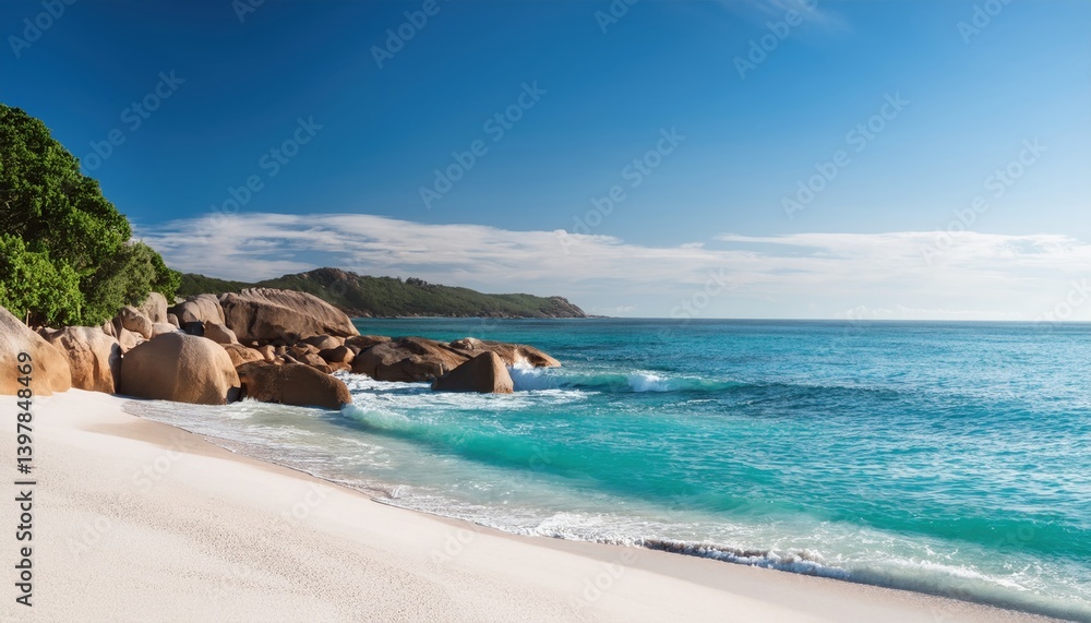 Seaside Serenity: Azure waters meet a sandy shore, framed by rugged rocks and verdant foliage, under a cloudless sky. Seaside Serenity: Azure waters meet a sandy shore, framed by rugged rocks and verdant foliage, under a cloudless sky.