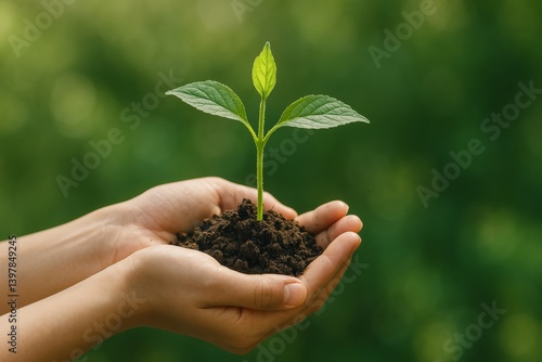 Growing a New Plant in Hands With Rich Soil in a Lush Green Environment Durin...