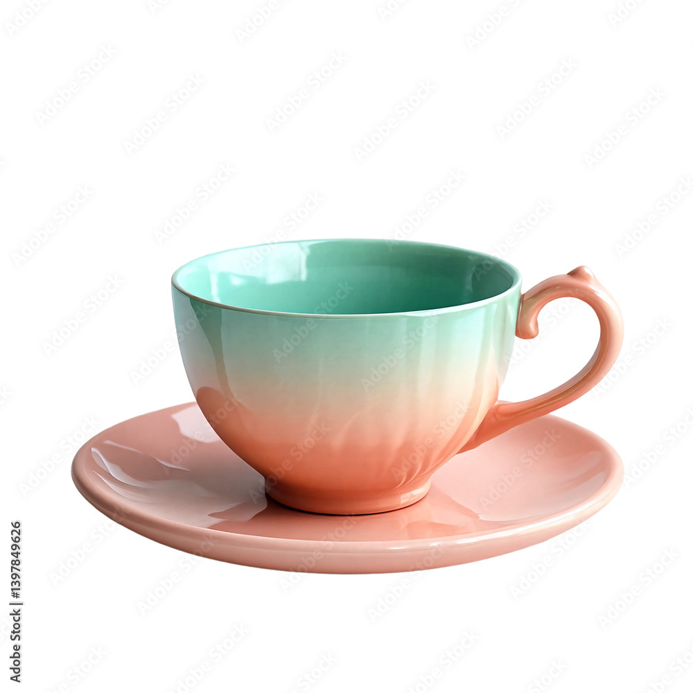 a vibrant turquoise and peach ombr?� teacup sits atop a matching saucer against a clean white background. a vibrant turquoise and peach ombr?� teacup sits atop a matching saucer against a clean white background.