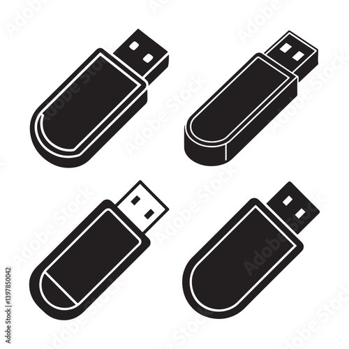 USB Flash Drive Icon Silhouette Vector Design set