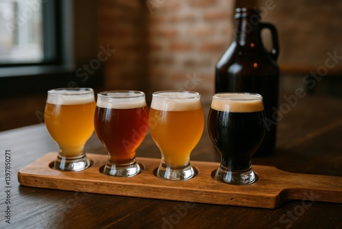 Craft Beers Served in Tasting Glasses With Snacks in a Cozy Setting at a Brewery