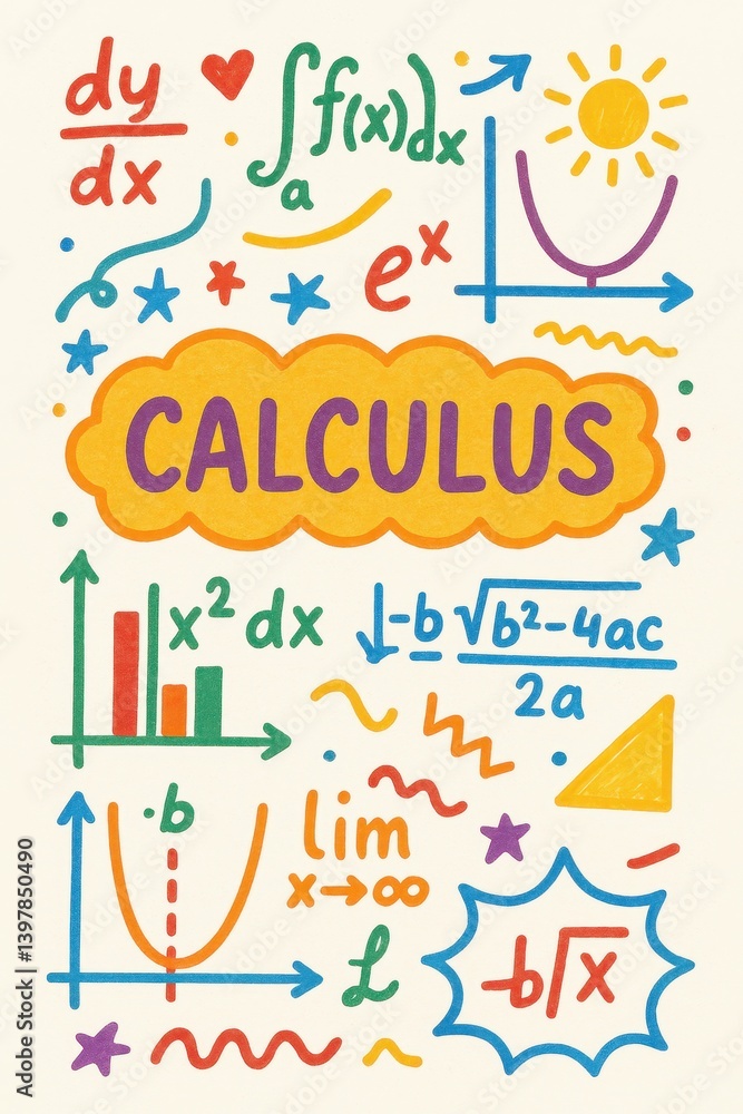 Fototapeta premium Colorful Doodle Art Representing Calculus Concepts and Equations