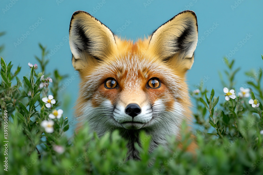 Fototapeta premium Close-Up of a Curious Fox in Natural Habitat with Greenery and Flowers - Generative AI
