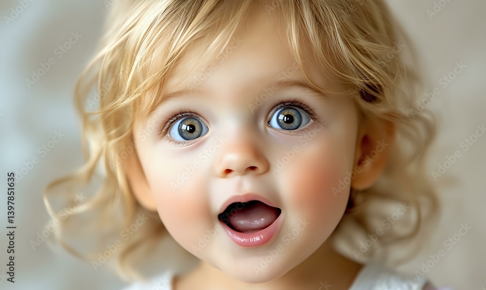 Joyful expression of young caucasian toddler girl with bright blue eyes and blonde curly hair showing genuine excitement and wonder against soft blurred background. Joyful expression of young caucasian toddler girl with bright blue eyes and blonde curly hair showing genuine excitement and wonder against soft blurred background.