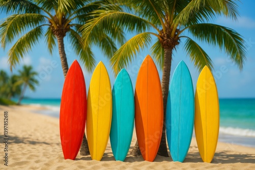 Colorful Surfboards Lined up on a Sandy Beach Under Palm Trees During Sunny W...