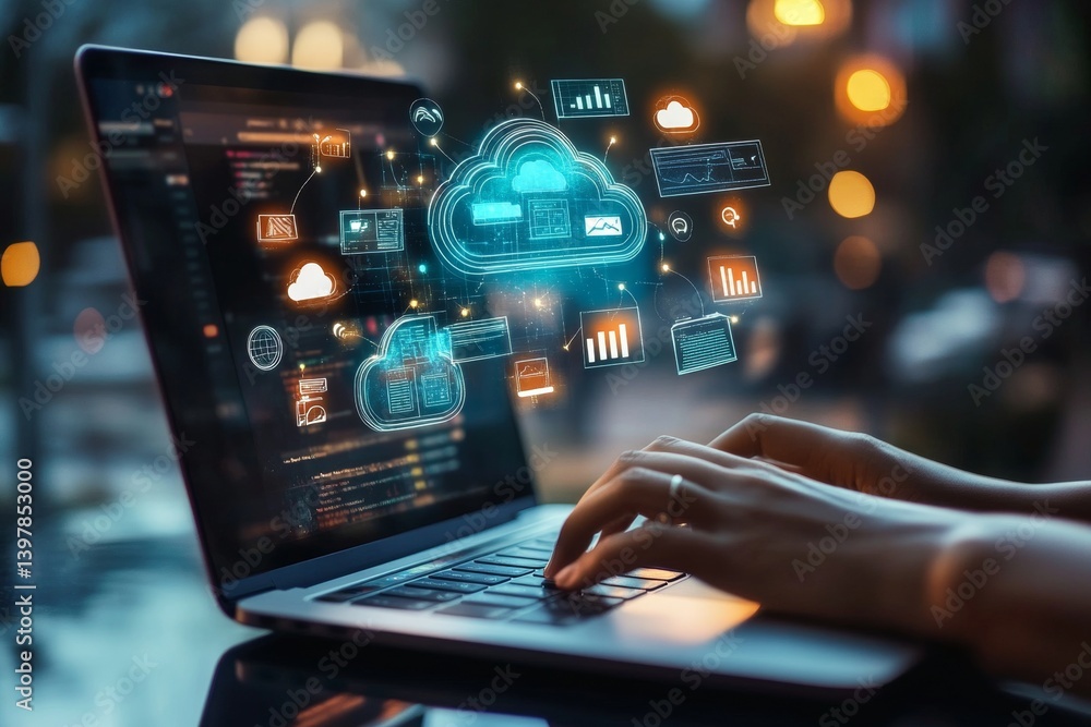 Person utilizing cloud storage on laptop with floating ai icons and search bar web design concept