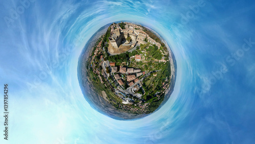 Aerial view of tiny planet perspective of historic architecture and beautiful buildings in Volterra, Pisa, Italy.